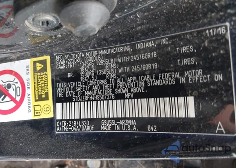 2017 Toyota Highlander Xle z USA, uszkodzony, nr VIN 5TDJZRFH4HS507276